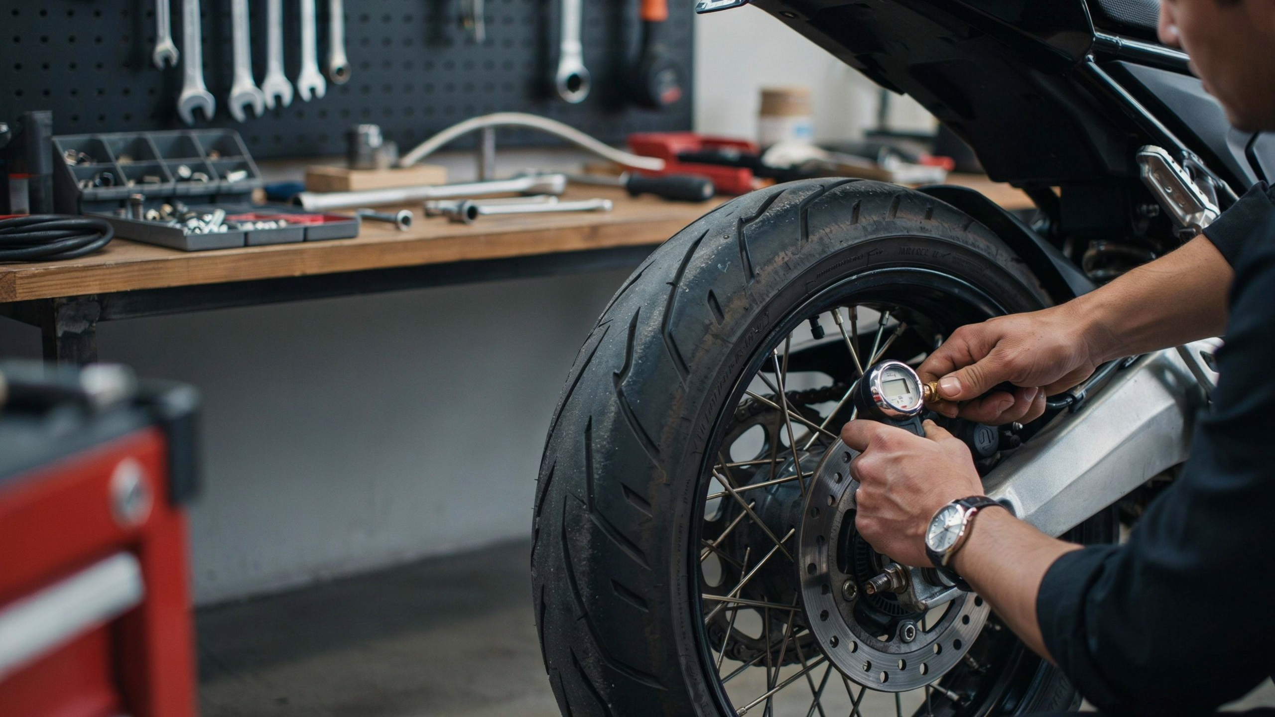Checklist entretien moto avant la saison — vérification des pneus en garage